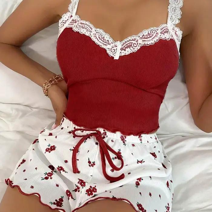 Pyjama pour femmes, ensemble de camisoles et shorts en dentelle