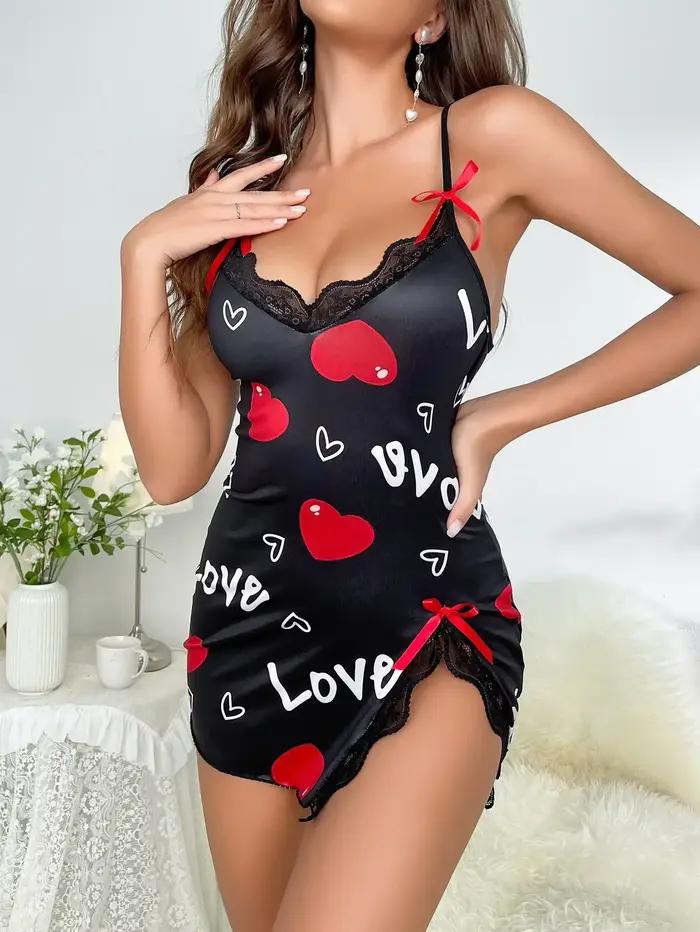 Coeur lettre florale Slip chemise de nuit dentelle garniture profonde V côté fendu robe