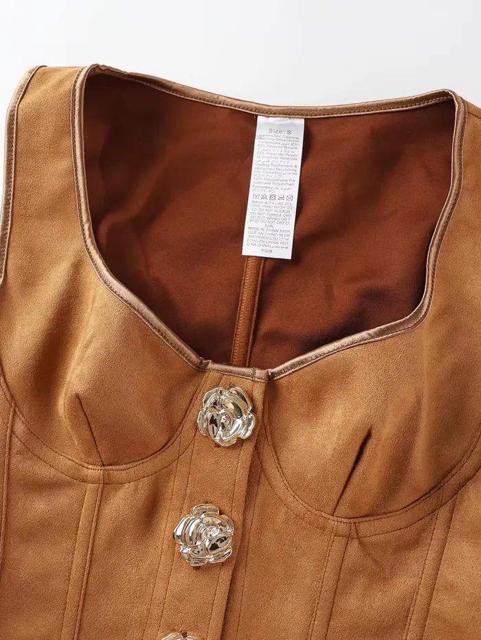 Gilet corset marron aspect daim avec boutons métalliques roses, col carré, cincher de taille pour femme