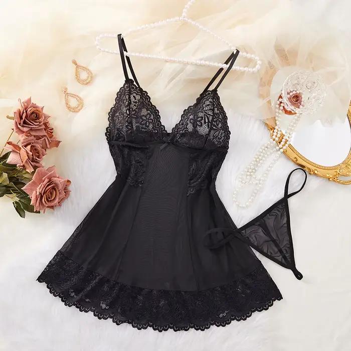 Ensemble de lingerie en dentelle rouge pour femmes, sous-vêtements, robe de nuit, soutien-gorge, chemise de nuit