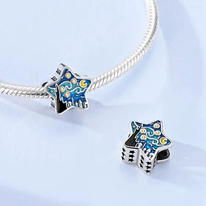 Breloques nuit étoilée de Van Gogh, perles bleues en argent 925, adaptées au Bracelet Original, bijoux à faire soi-même pour femmes