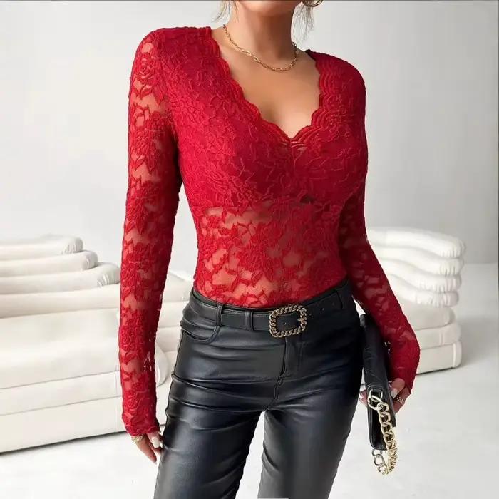 Combinaison moulante transparente en dentelle florale à col en V et manches longues pour femme, idéale pour les soirées, les clubs et le quotidien