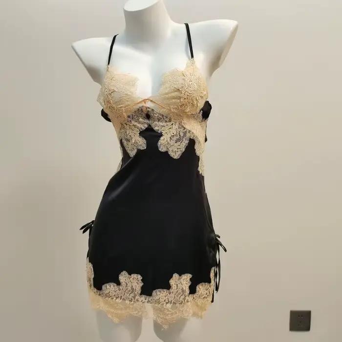 InjNightgScottsdale-Pyjama sexy en dentelle, chemise de nuit en V profond, petite poitrine creuse, robe de pyjama à licou, vêtements de maison, pur désir, haute qualité
