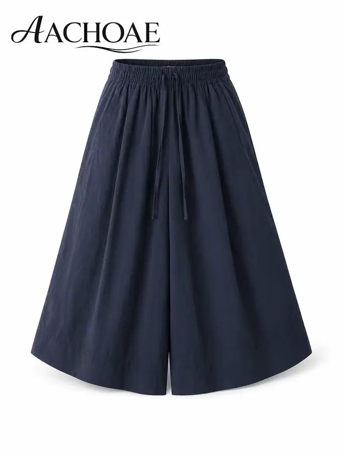 Pantalon Culotte Ample Femme Taille Haute Coupe Palazzo Longueur Midi Décontracté Été avec Poches