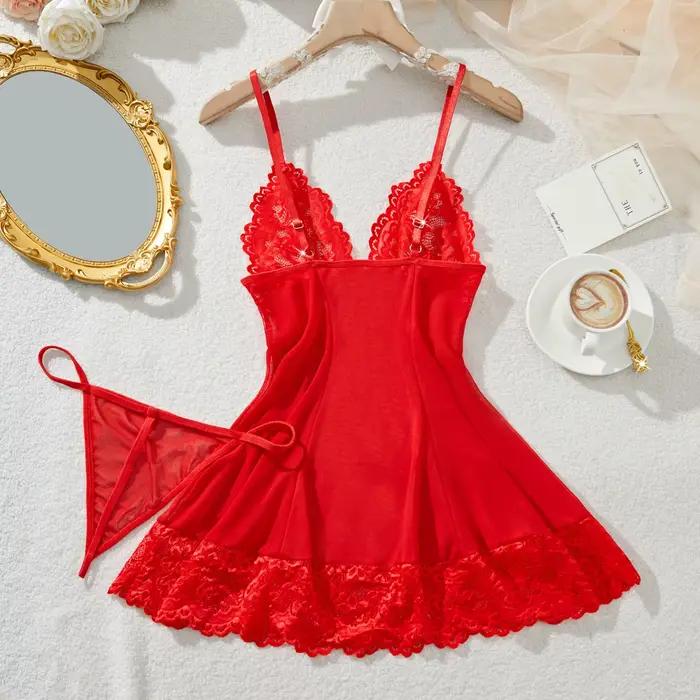 Ensemble de lingerie en dentelle rouge pour femmes, sous-vêtements, robe de nuit, soutien-gorge, chemise de nuit