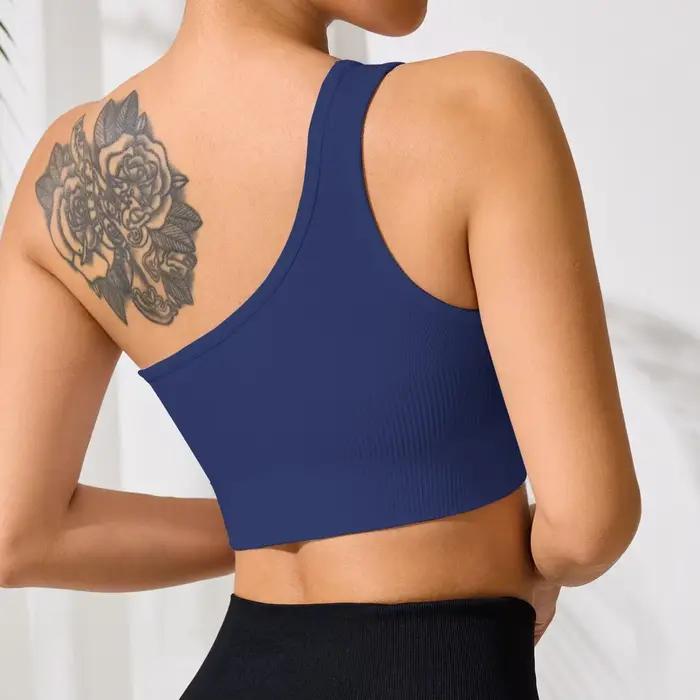 WANAYOU Soutien-gorge de yoga asymétrique à une épaule, sans couture, côtelé, coupe ajustée, pour le sport et l'entraînement en salle de sport, sans rembourrage, séchage rapide