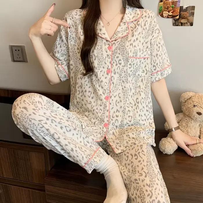 Pyjama doux à nœuds de style français pour femme : ensemble d'été à manches courtes et pantalon long avec imprimé nuage