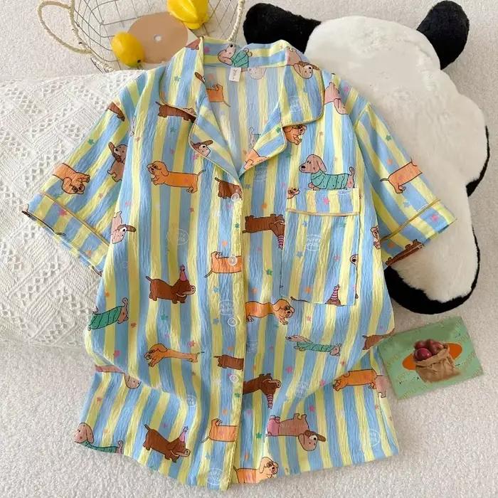 Pyjama Kawaii à imprimé étoiles et rayures pour femmes, mode Y2K, col à revers, pyjama pour femmes, été, nouveau, mignon, vêtements de maison pour femmes