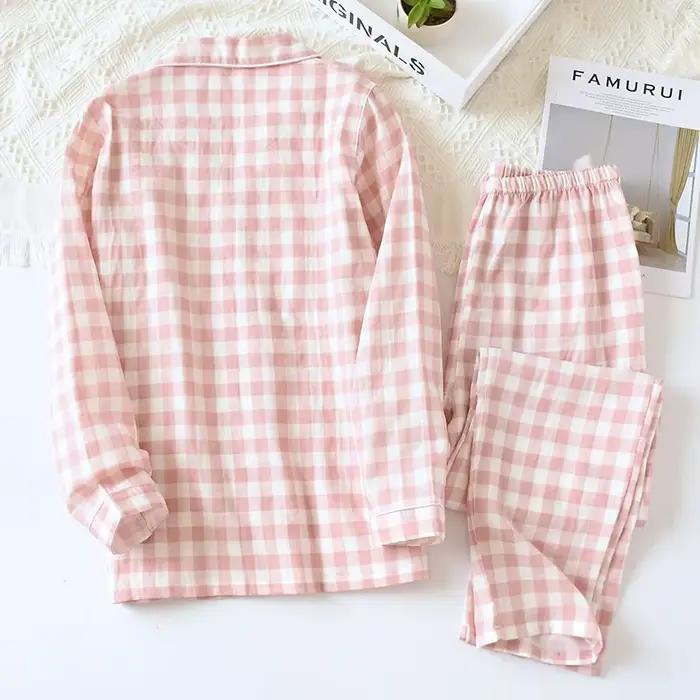 Ensemble pyjama pour femmes en coton pur, style japonais à carreaux, double couche de gaze, léger et respirant pour le printemps et les soirs frais