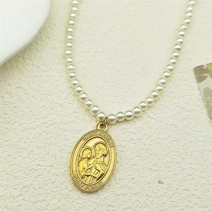 Saint Joseph prière pour nous pendentif collier pour femmes filles en acier inoxydable perle couleur or foi amulette chaîne catholique bijoux