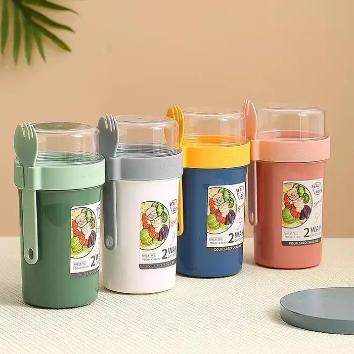 Boîte à bento pour salade, flocons d'avoine, petit-déjeuner, double compartiment pour céréales, noix, yaourt, avec support pour sauce et fourchette, pour la préparation des repas