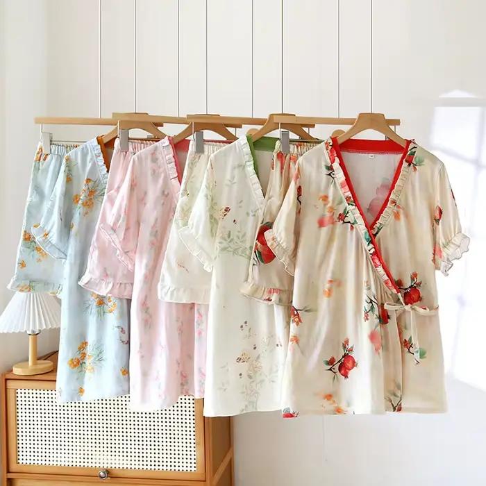 Ensemble pyjama d'été en coton de bambou pour femmes, imprimé floral fin, Kimono à lacets, manches courtes, avec Short, costume de pyjama
