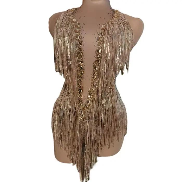 Justaucorps à franges et strass scintillants pour femmes, tenue de discothèque, Costume de chanteur et de danseuse, vêtements de scène, body de Performance Sexy