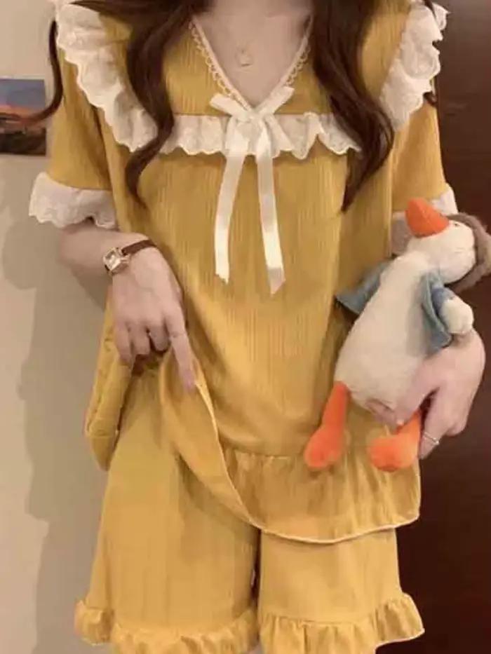 Pyjama ensembles femmes dentelle doux nœud princesse ample maison 5 couleurs mode tendre décontracté été Style japonais Vintage vêtements de nuit Chic