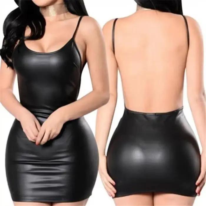 Lingerie sexy, robe courte en cuir synthétique pour femmes