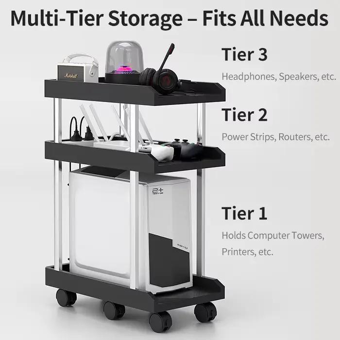 Support pour tour d'ordinateur, base mobile avec roulettes, rangement double niveau, support de refroidissement
