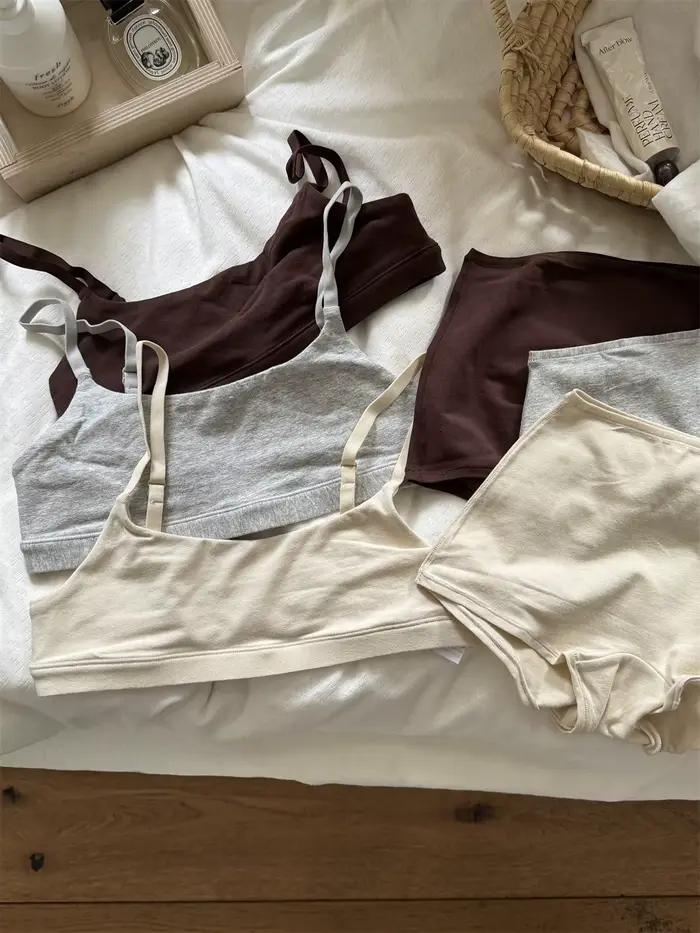 Ensemble de lingerie vintage en coton pour femme : soutien-gorge sans couture à bretelles ajustables + culotte boxer taille basse, couleur unie, simple, haute élasticité