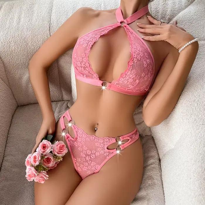 Toucheart-Ensemble de lingerie en dentelle florale pour femme, bonnet triangulaire, licou transparent, sous-vêtements sexy, ensemble de lingerie de luxe 7.0, 2 pièces