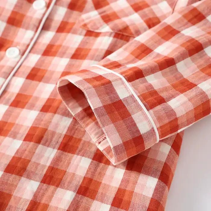 Ensemble pyjama Double couche en gaze de coton imprimé à carreaux pour Couples
