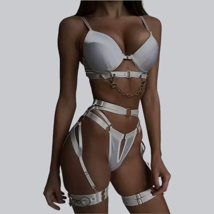 Lingerie fine, sous-vêtements fantaisie Sexy, ensembles de luxe délicats de 5 pièces avec soutien-gorge en chaîne et culotte, jarretelles intimes