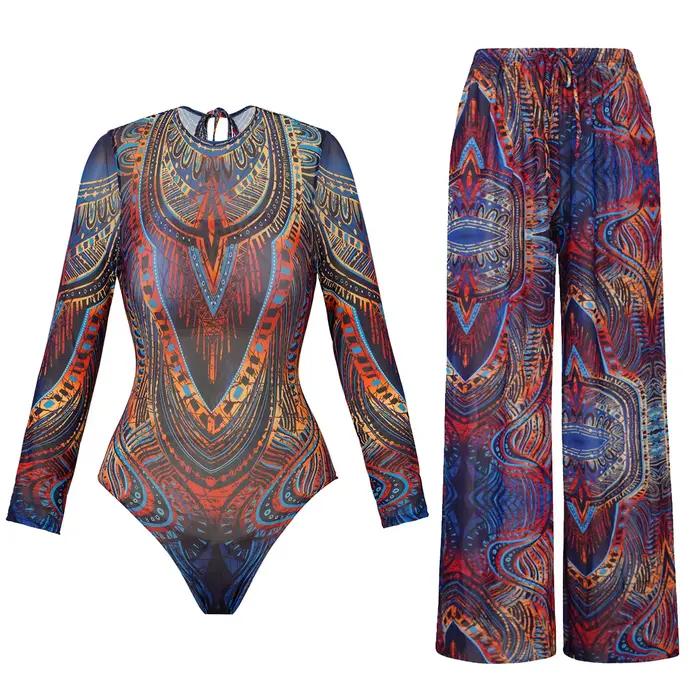 Maillot de bain en maille avec pantalons longs et robe de bain, manches longues, vêtements de plage en maille, Sexy, taille haute, vêtements de plage intelligents, nouvelle collection 2025