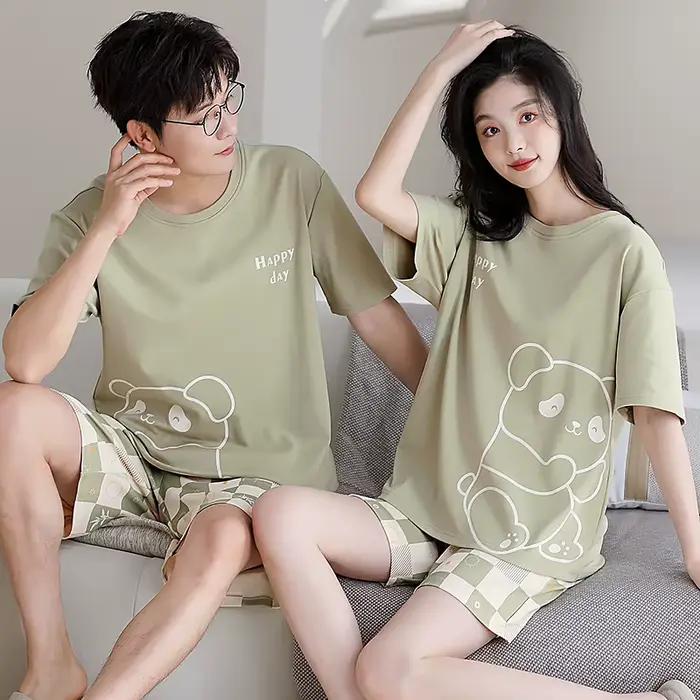 Couple mignon dessin animé pyjama ensemble été hommes et femmes 100% coton à manches courtes pyjamas