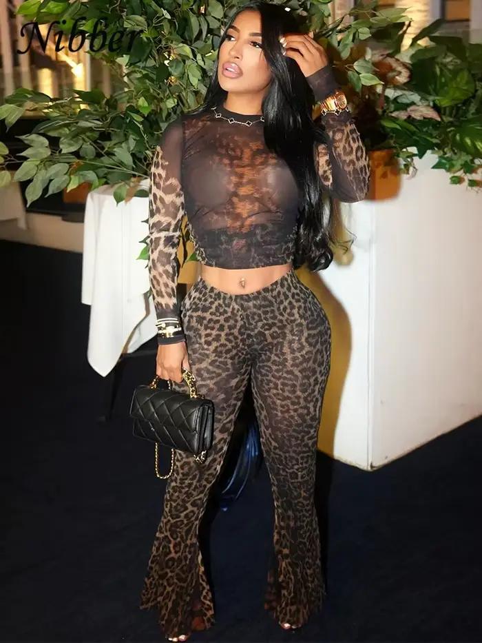 Nibber Sexy 2 Pièce Ensemble Femmes Voir À Travers Minuit Partie Plein Manches Crop Tops + Pantalon Correspondant Clubwear Skinny Automne Tenues