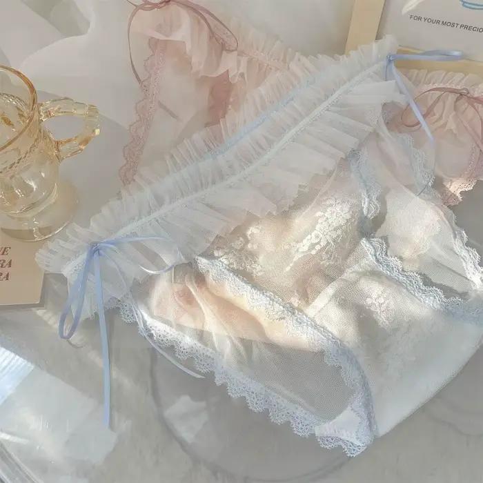 Culotte en dentelle taille mi-haute transparente avec nœud en maille et volants pour femme