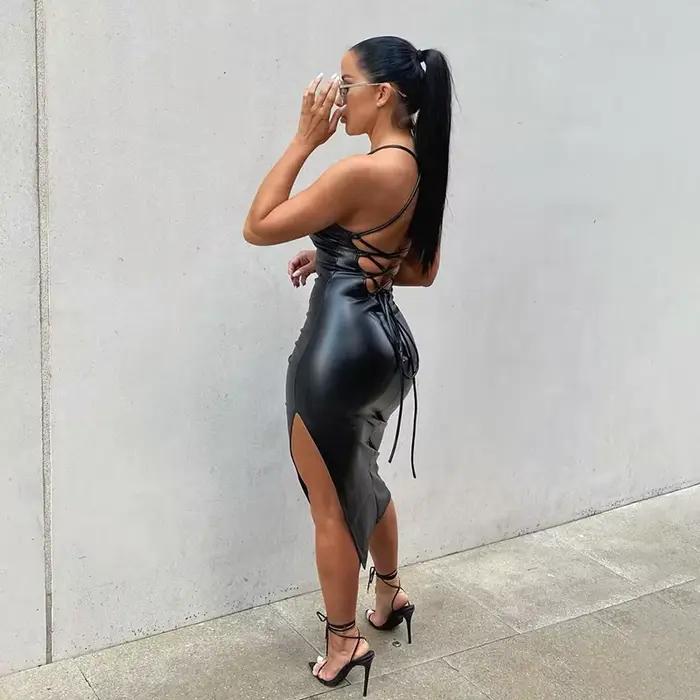 Femmes Sexy jarretelle mi-longue robe moulante mode couleur unie en cuir pansement dos nu maigre robe fendue pour femme Mujer