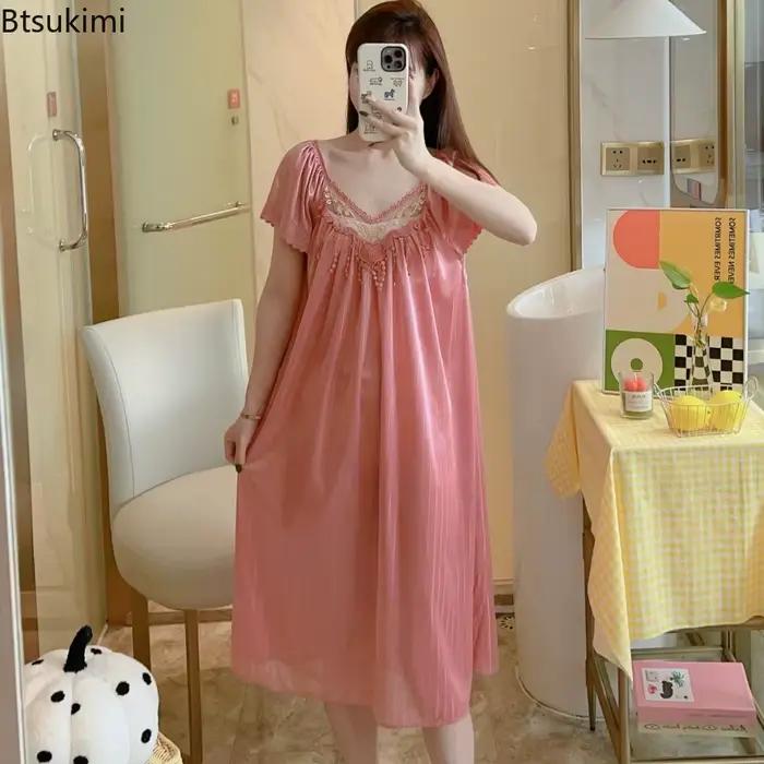 Chemises de nuit en soie glacée pour femmes robe de nuit longueur moyenne manches courtes vêtements de nuit sexy vêtements de maison pyjama pour dames occasions spéciales