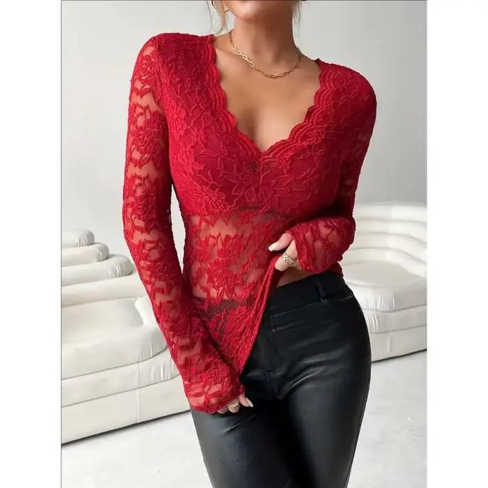 Combinaison moulante transparente en dentelle florale à col en V et manches longues pour femme, idéale pour les soirées, les clubs et le quotidien