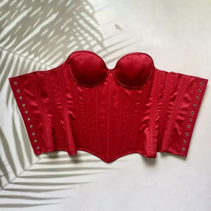 Corset Bustier avec bonnets pour femmes, corsage Vintage, serré à lacets, Double désossé, façonnant la taille, Chinner de mariage, Satin rouge