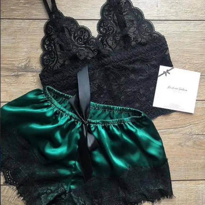 Ensemble pyjama sexy pour femmes 2 pièces top shorts en dentelle sous-vêtements lingerie été tricoté sans manches elasthanne多样化styleType风格sexy夏季吊带短裤套装夜衣内衣女式无袖弹力纤维
