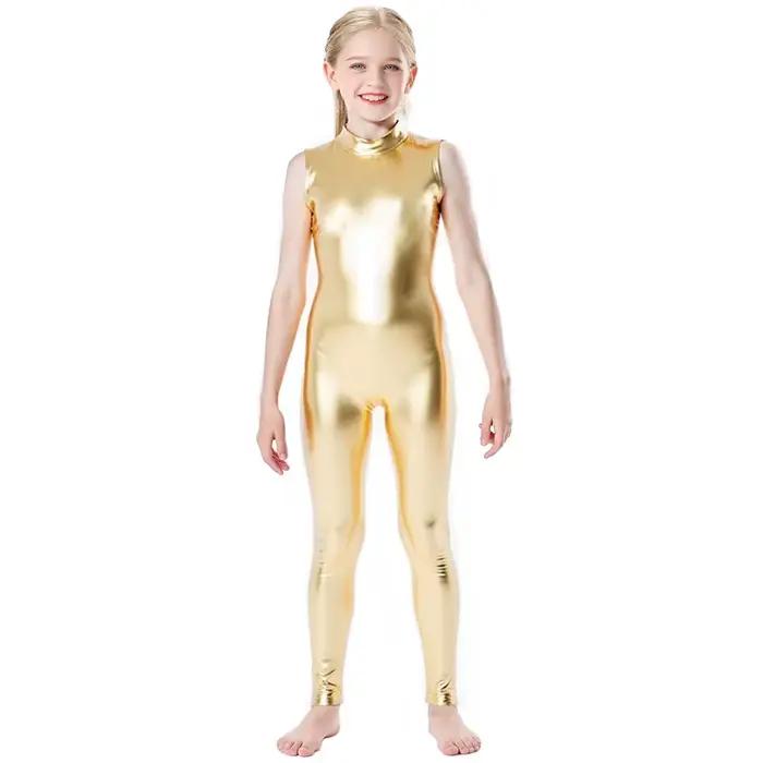 OVIGILY – combinaison de gymnastique métallique dorée pour filles, justaucorps de danse sans manches pour enfants, Costumes de spectacle sur scène, fermeture éclair au dos