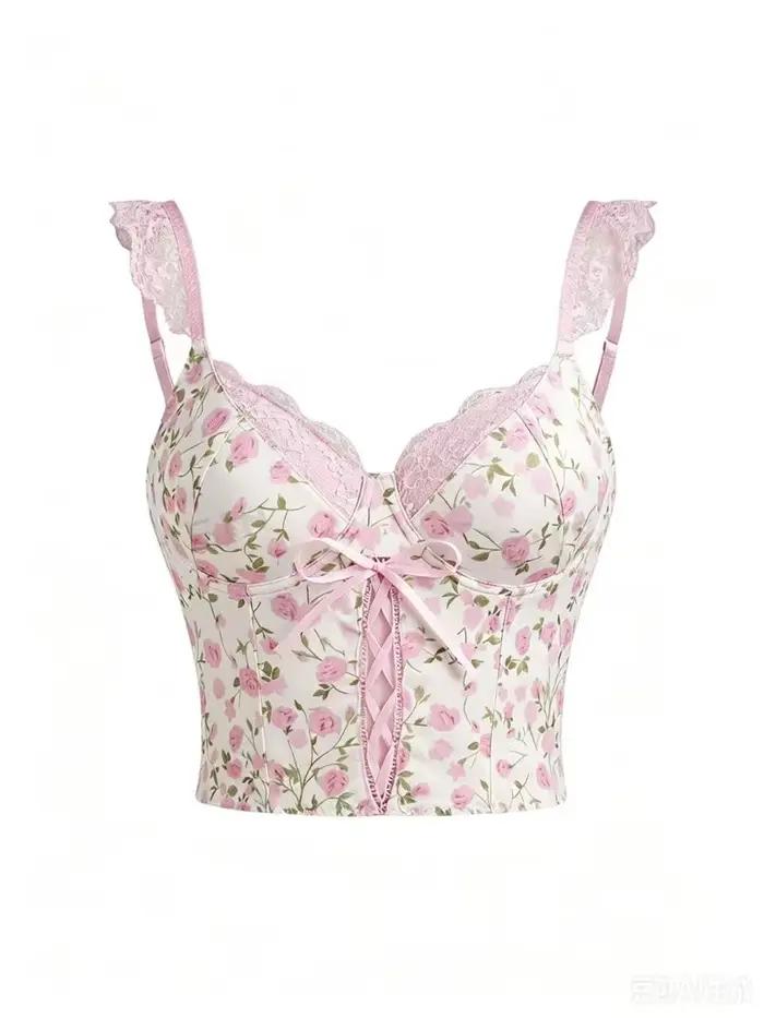 Haut corset à imprimé floral rose doux pour femme – Bustier court avec détail de nœud en dentelle