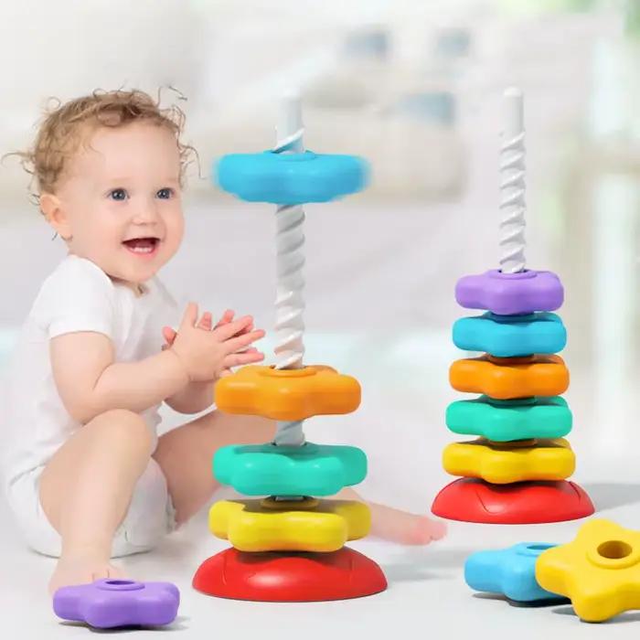 Tour arc-en-ciel rotative Montessori, jouet de puzzle à empiler pour bébé, développe les capacités motrices, jeu éducatif pour enfants, tour d'empilage sensoriel
