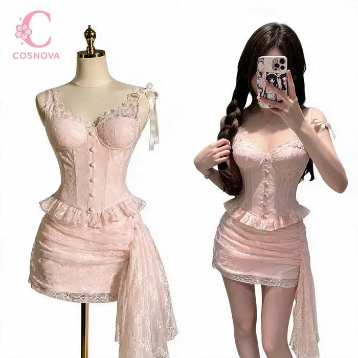 Ensemble 2 pièces sexy et coquette rose clair en dentelle à volants : débardeur et jupe moulante asymétrique pour femmes et jeunes filles – Idéal pour les soirées en club et le quotidien