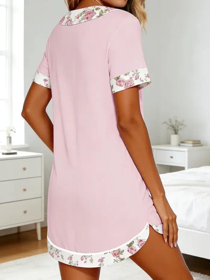 Robe de nuit d'été florale à boutons pour femmes, chemises de nuit sexy, vêtements de détente et de nuit, longueur mi-mollet, polyester et élasthanne, design à empiècements