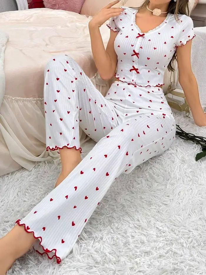 Ensemble de pyjama pour femmes à imprimé cœur