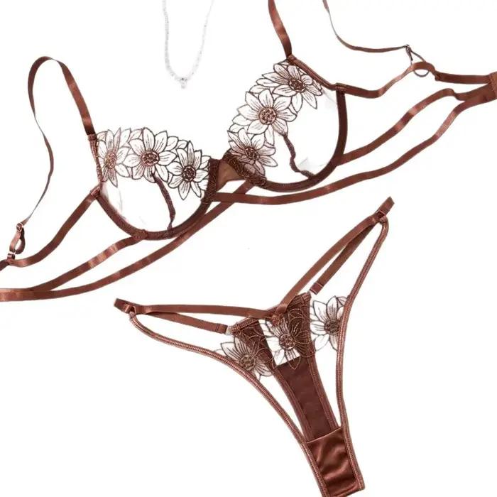 Ensemble de soutien-gorge à armatures brodé floral haut de gamme, soutien-gorge + culotte en maille sans doublure pour femmes