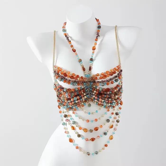 Bustier perlé pour femme, haut de bikini, vêtement de plage, lingerie, style club et rave, avec col en perles imposant