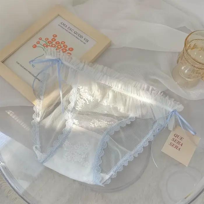 Culotte en dentelle taille mi-haute transparente avec nœud en maille et volants pour femme
