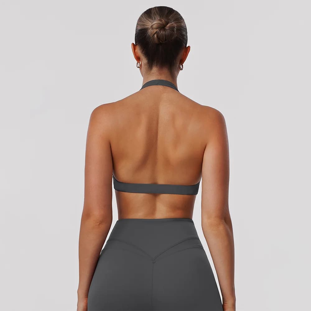 Soutien-gorge de sport pour femme, dos nu, style halter torsadé, col en V, rembourré, couleur unie, 