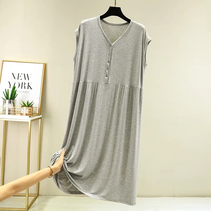 Buttons Large Size Loose Nightgowns For Women Sexy V Neck Sleeveless Long Dress Summer Nightdress Fe