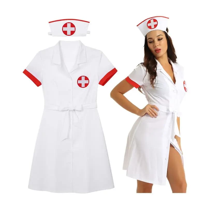 Costume d'infirmière sexy pour femme, uniforme à manches courtes, robe à col à revers, chapeau de ce
