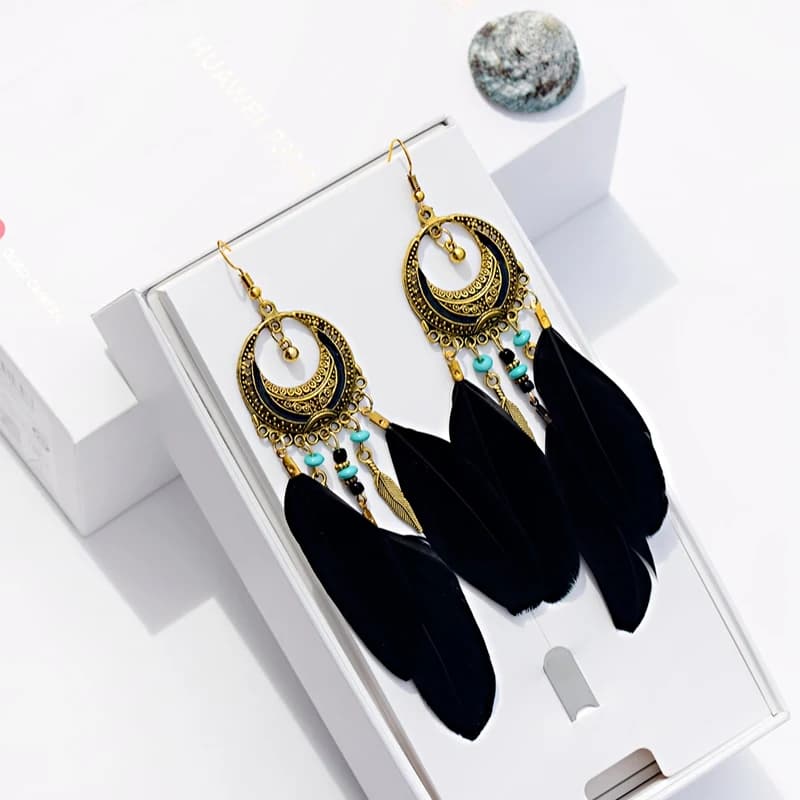 Boucles d'oreilles bohème bleues en plumes pour femmes, Bijoux Brincos, breloques Vintage, feuilles 