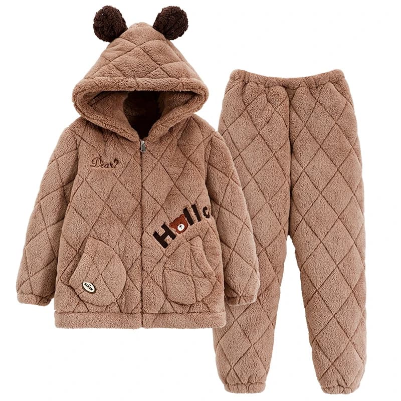 Hiver femmes pyjamas ensemble 3 couches pince coton à capuche Pijama femme épais chaud mignon dessin