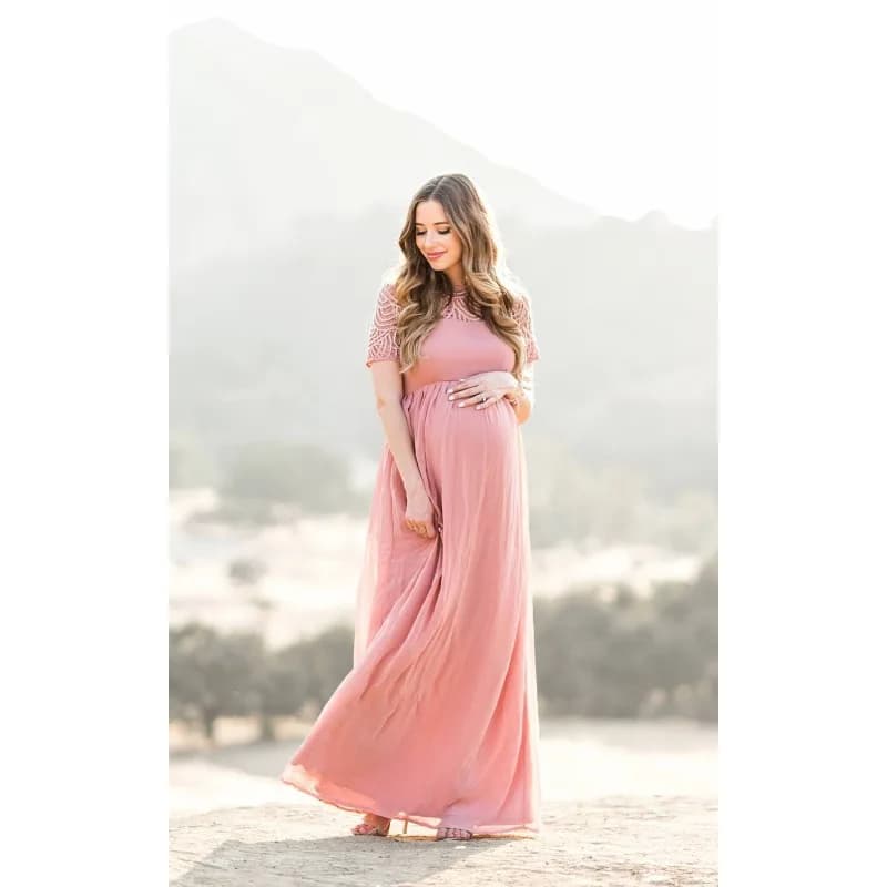 Robe de maternité en dentelle patchwork, style européen, coupe ample, robe longue à traîne, manches 