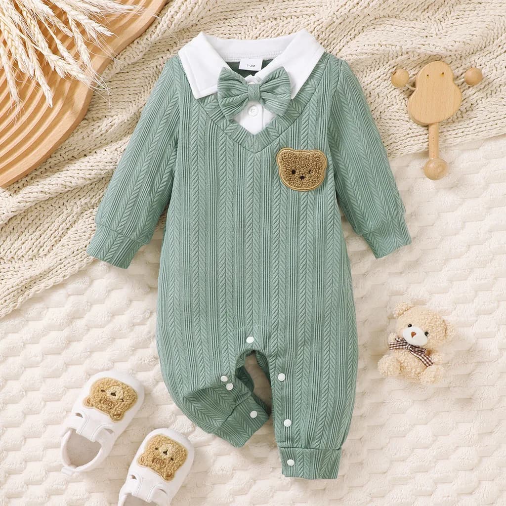 Body mignon pour nouveau-né garçon de 1 à 18 mois, ours en tricot à manches longues avec nœud papill