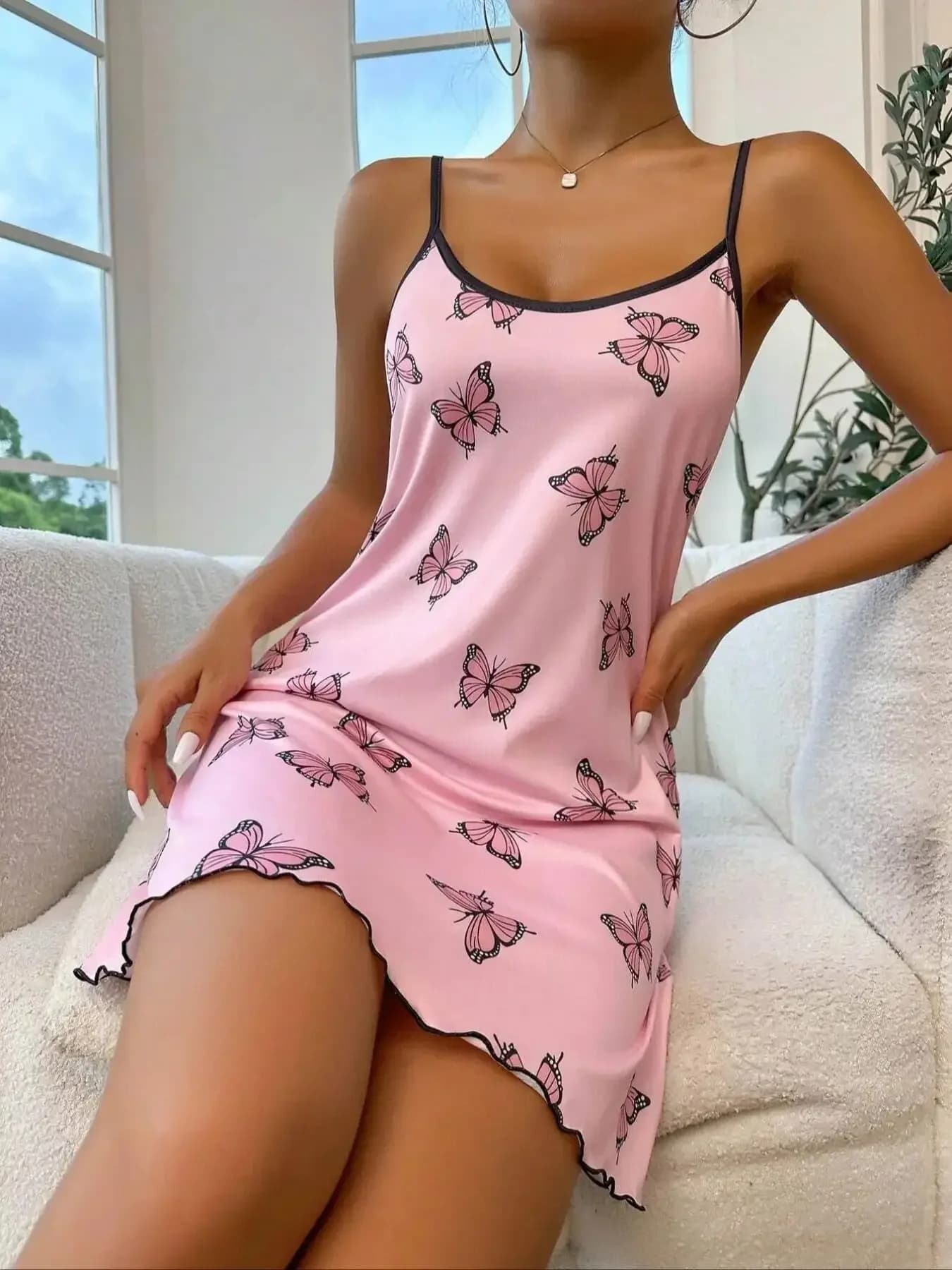 Papillon imprimé Slip chemise de nuit femmes Sexy Lingerie vêtements de nuit col rond robe de nuit f